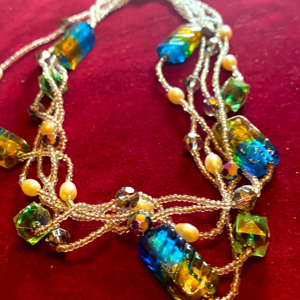 Foil Glass Bead Necklace, 5 Strands Bright Gorgeous Murano Glass Beads